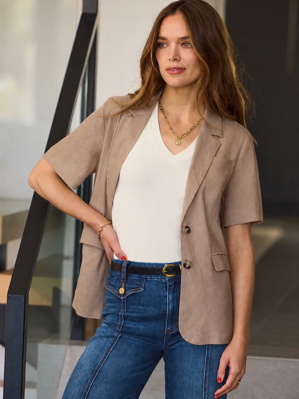 Evereve Grayson Linen Blend Short Sleeve Blazer Jacket size XS tan